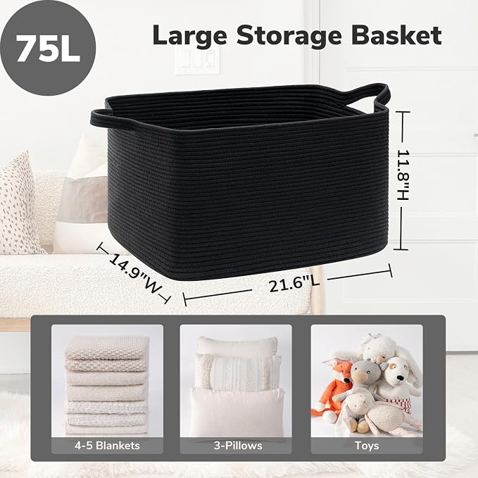 Goodpick Large Woven Rope Blanket Basket, 75L | 21.6'' x 14.9'' x 11.8'' - Image 3
