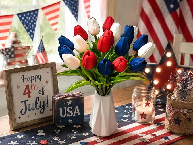 Mandy's 20pcs Artificial Red White Blue Tulips | 13.5 Inch Lifelike PU Tulips - Image 5