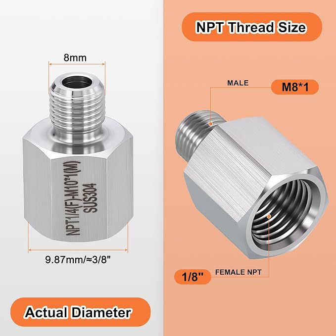 1 Pack 304 Stainless Steel Male to FeMale Adapter, M8*1 Male x 1/8" FeMale NPT - Image 2