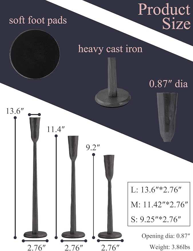 Black Iron Taper Candle Holder Set of 3, Heavy Wrought Iron Candlestick Holders - Image 2