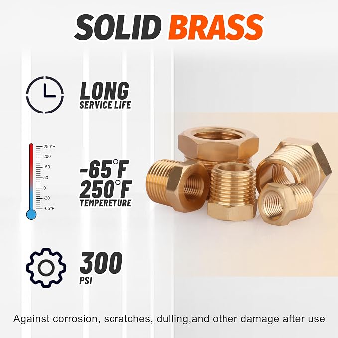 18PCS Brass Hex Reducer Bushing Fitting Kit, NPT Thread | 1/4" - Image 3