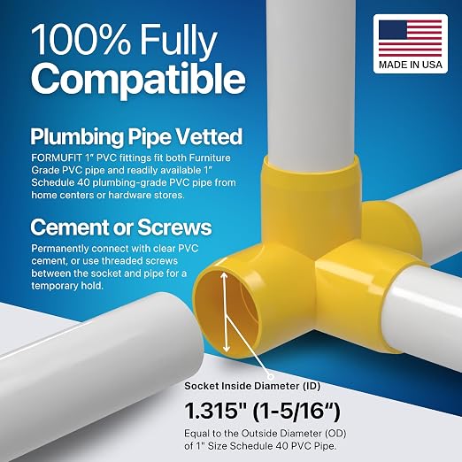1” 4-Way Tee Furniture Grade PVC Fitting in Yellow, Made in USA, UV-Resistant - Image 5