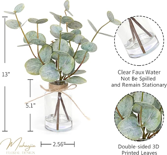 Muhanjia Artificial Eucalyptus Stems in Glass Vase - Image 2