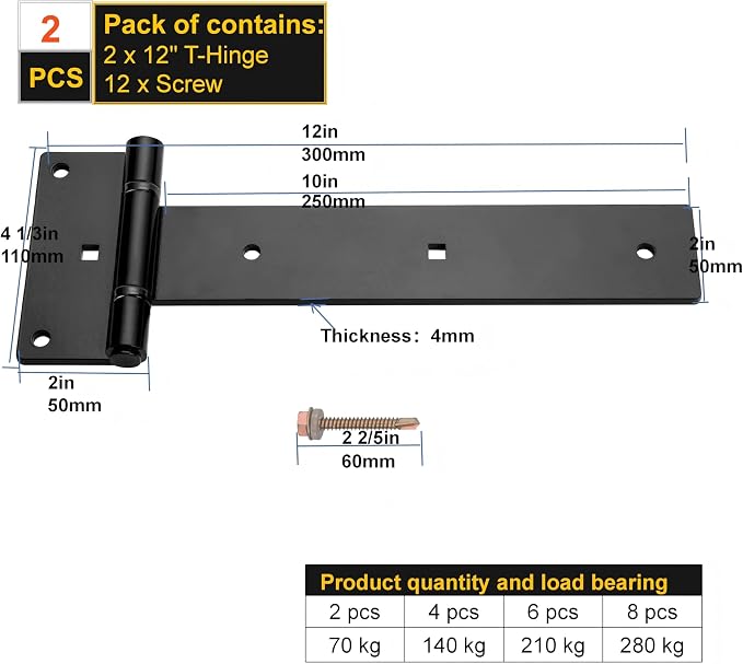 12 Inch Heavy Duty T Strap Hinges, 4mm Thickened Solid Steel | Black Tee Hinges - Image 2