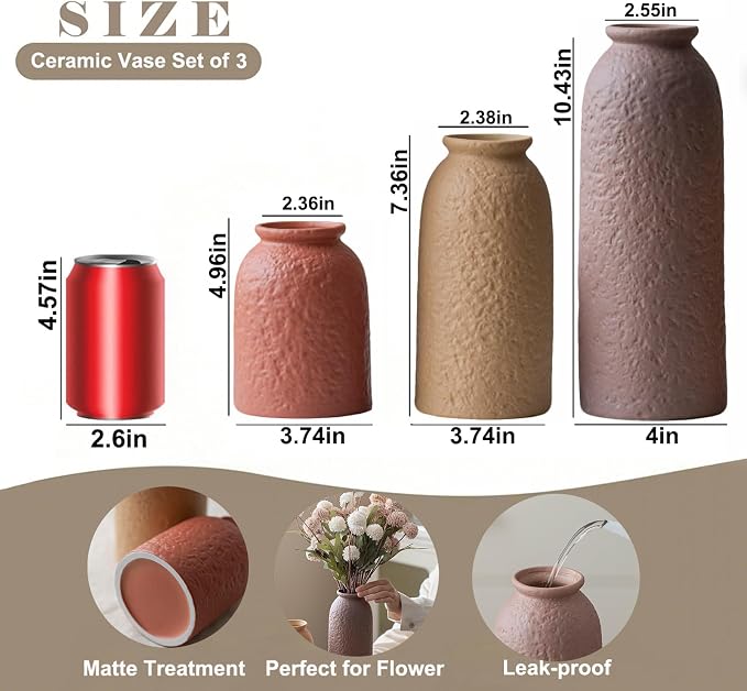 Large Decorative Ceramic Vase Set, 3 Pieces, Matte Taupe Orange Coral Beige - Image 5