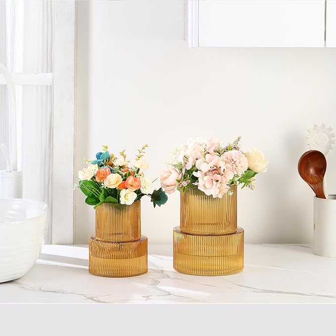 Ribbed Glass Vases for Bouquet, Amber Glass Vase for Tulips, Modern Vase for - Image 2