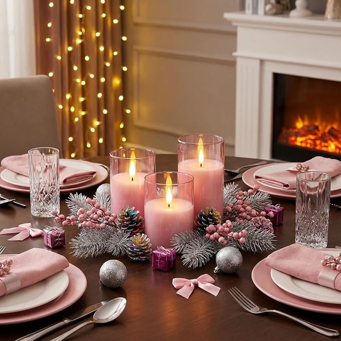 Homemory Pink Glass Flameless Candles, Real Wax, Remote Timer, 3 Pack | - Image 3