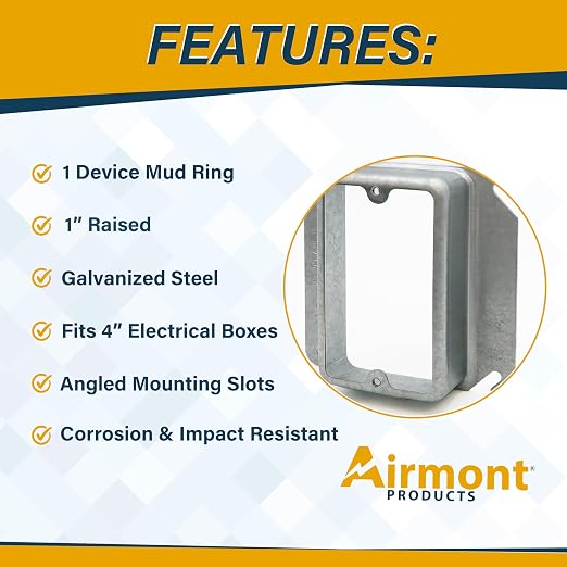 Airmont Products 1" Raised Mud Rings, Square Device Cover, 1-Gang Outlet Cover - Image 5
