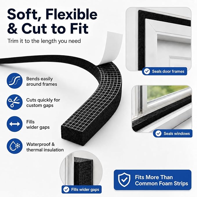 33FT EVA Foam Weather Stripping Door Seal, Self-Adhesive Weatherstrip AC Foam - Image 3