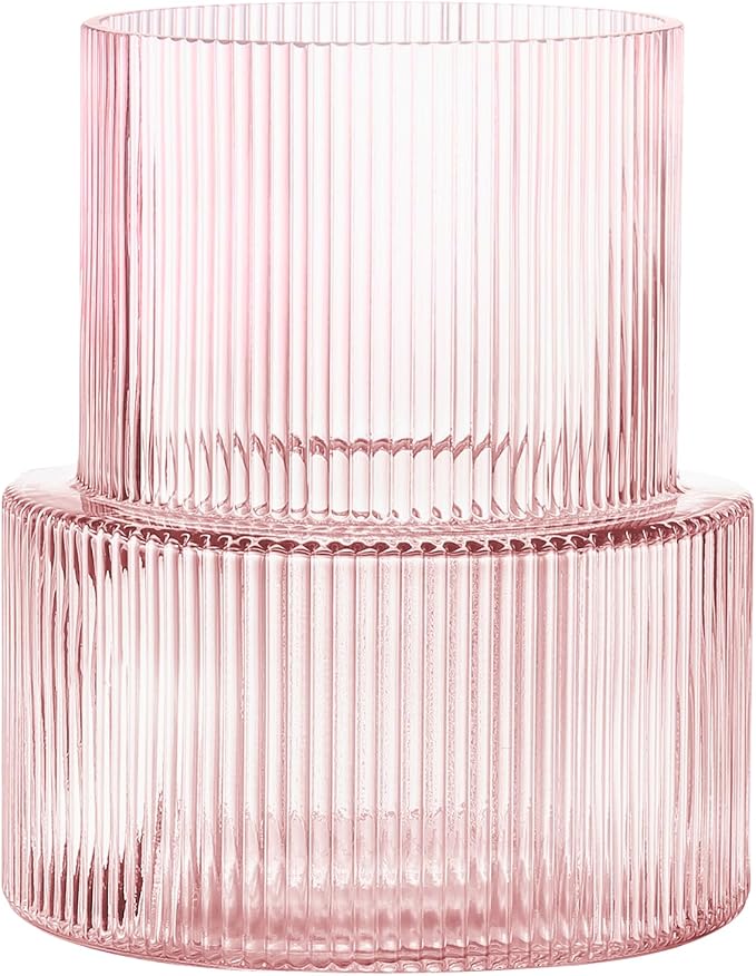 Pink Glass Vase, Ribbed Glass Vase by YANWE