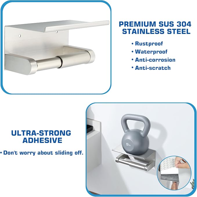 Alise Toilet Paper Holder with Shelf Wall Mount Adhesive or Drill - Image 3