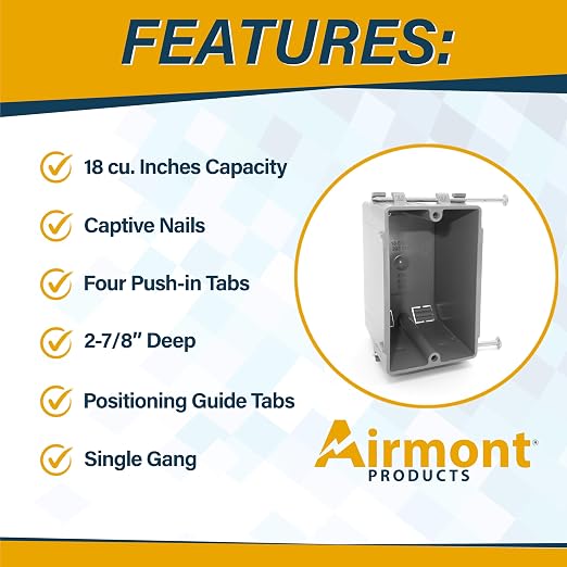 Plastic Electrical Box, Single Gang New Work Junction Box, Captive Nails - Image 3