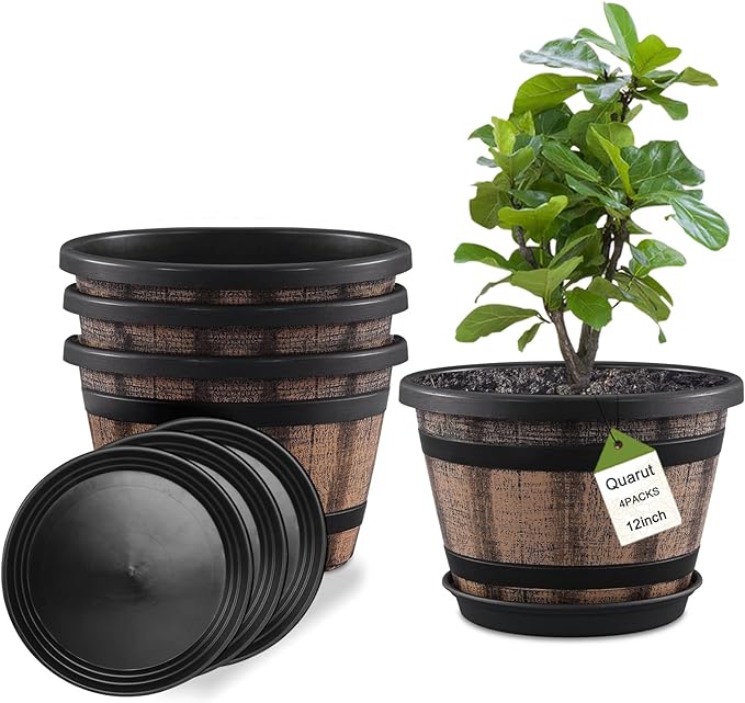 Quarut Plant Pots Set of 4 Pack 12 inch, Large Whiskey Barrel Planters by Quarut
