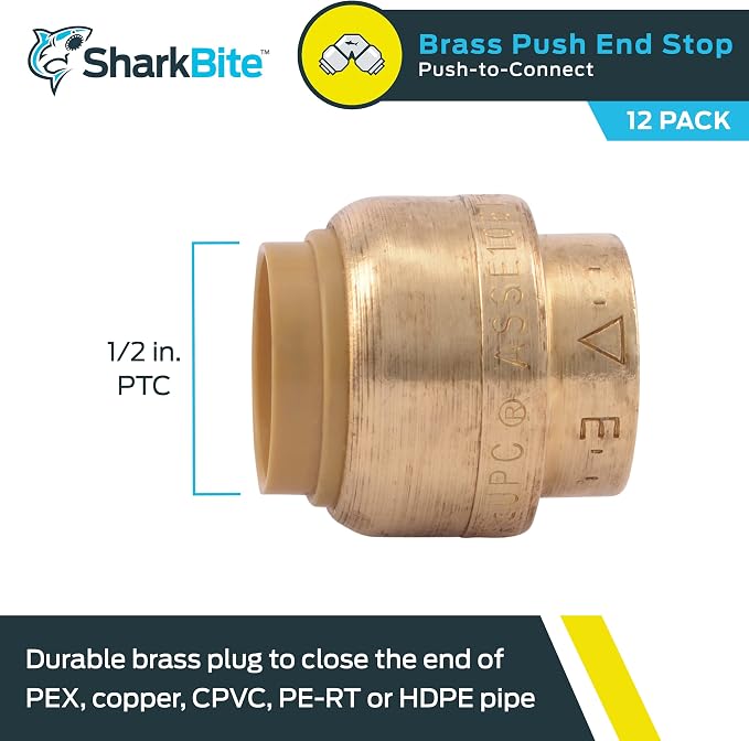 SharkBite 1/2 Inch Push Cap, Push to Connect Brass Plumbing Fitting, PEX Pipe - Image 2