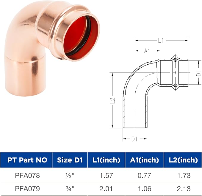 Copper Press Fittings 90 degree Street Elbow 1/2" FTG x P 10 Pack | Zero Lead - Image 2