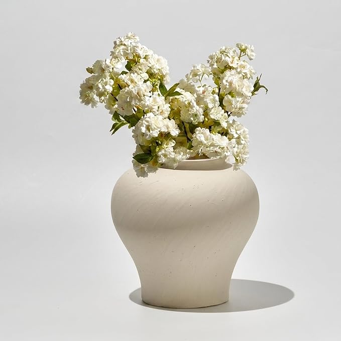 LB2 White Ceramic Rustic Vase, 9.7" Tall Zen Style Terra Cotta Pitcher - Image 6