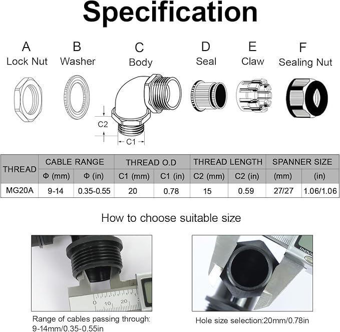 M20 Cable Gland, 90 Degree Adjustable 9-14mm Strain Relief, Cord Connectors - Image 2