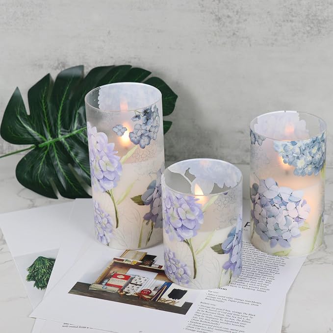 Hydrangea Glass Flameless Candles Batttery Operated Remote Timer | LED - Image 9