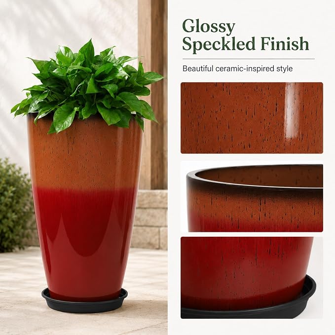 Neoaider Set of 2 Tall Planter, 21 inch Large Plastic Planter, Firey Red | - Image 5