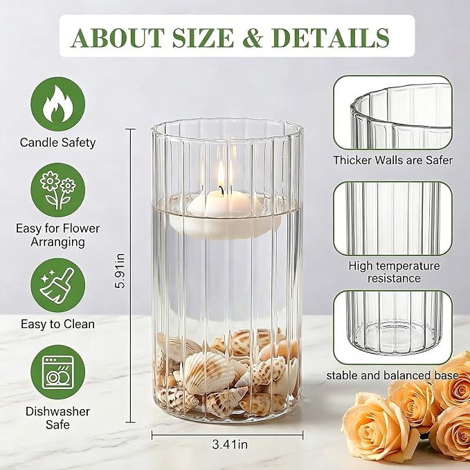 12 pcs Ribbed Glass Cylinder, 6 inch Flower Vases - Image 2