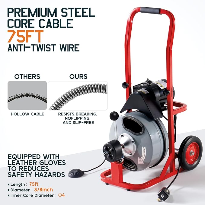 Albott 75 FT x 3/8 Inch Electric Drain Cleaner Machine | Auto-Feed Sewer Snake - Image 4