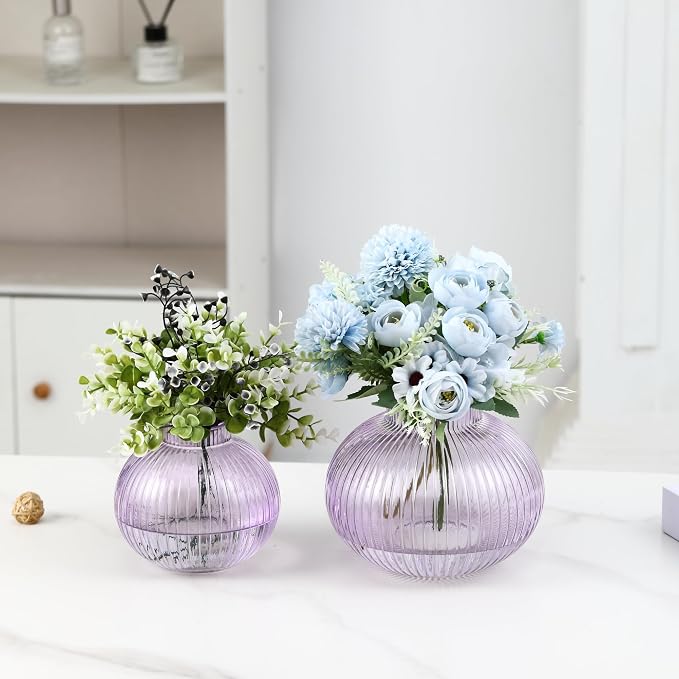 Purple Glass Vases for Tulips, Flower Vases for Bouquet, Ribbed Glass Vase for - Image 3