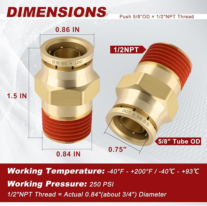 DOT Approved Male Straight Brass Union 5/8" Tube x 1/2" NPT, Quick Connect Union - Image 5