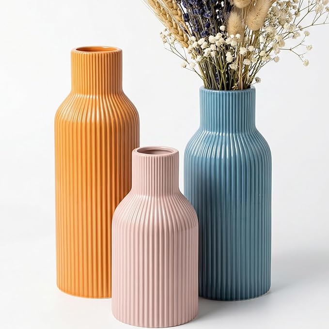 Colorful Ceramic Vases Set of 3, Smooth Round Vertical Ribbed, Minimalist by TrendEcoHome