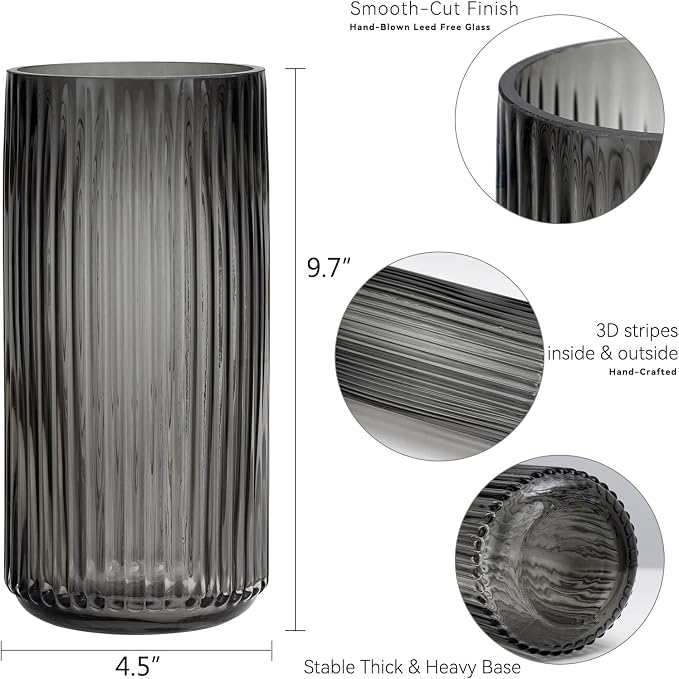 Flower Vase 10 inch Grey Thickened Hand Blow Glass Vase Round Vintage Striped - Image 3