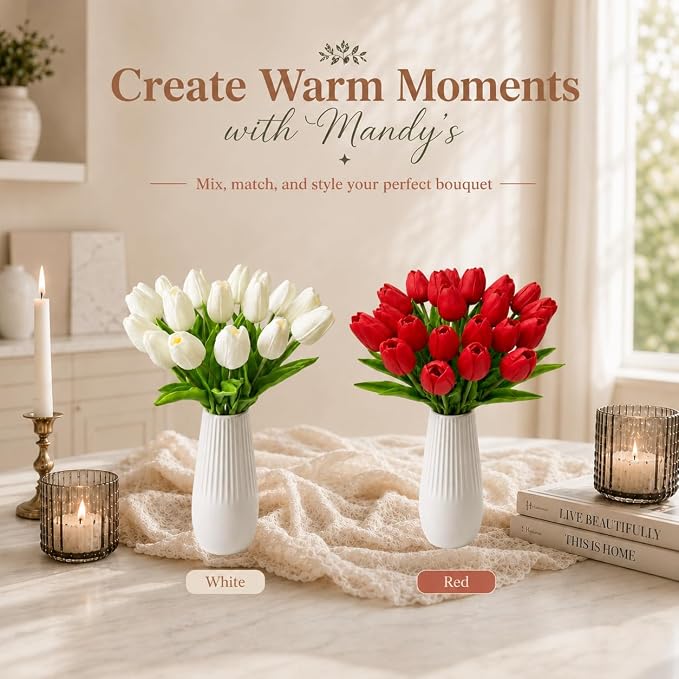 Mandy's 20pcs Artificial Pure White Tulips | 13.5 Inch Lifelike PU Tulips Faux - Image 9