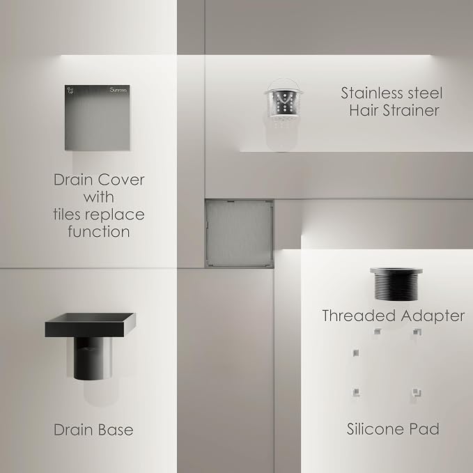 Sunrosa 4 Inch Square Shower Drain, Brushed Nickel, 304 Stainless Steel | - Image 4