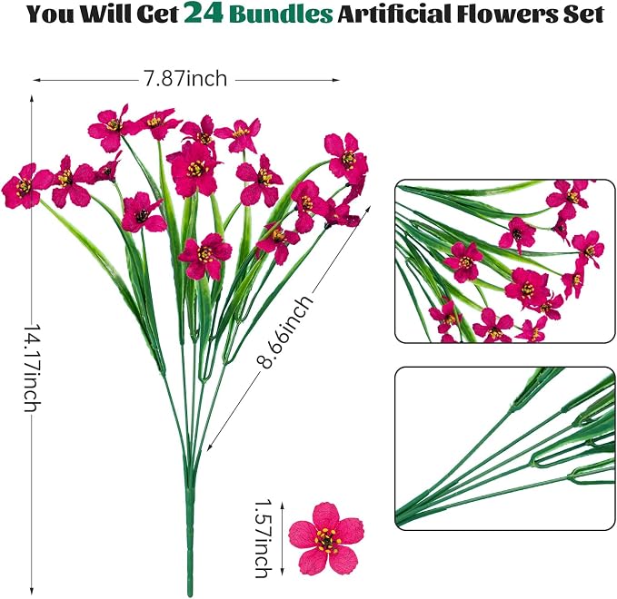 24 Pcs Artificial Flowers for Outdoor, Plastic Fake Flowers Decor, Rose Red | - Image 2