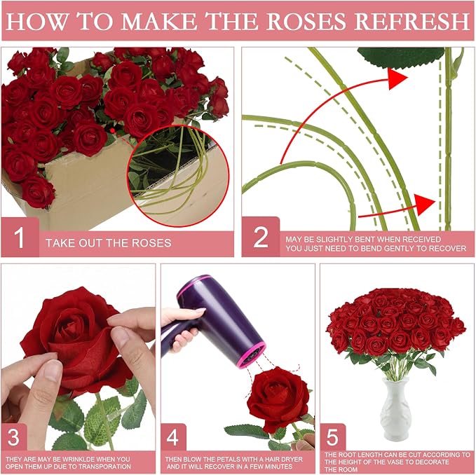 Hananona 50 Pcs Artificial Roses in Bulk, Fake Silk Red Roses Realistic Roses - Image 3