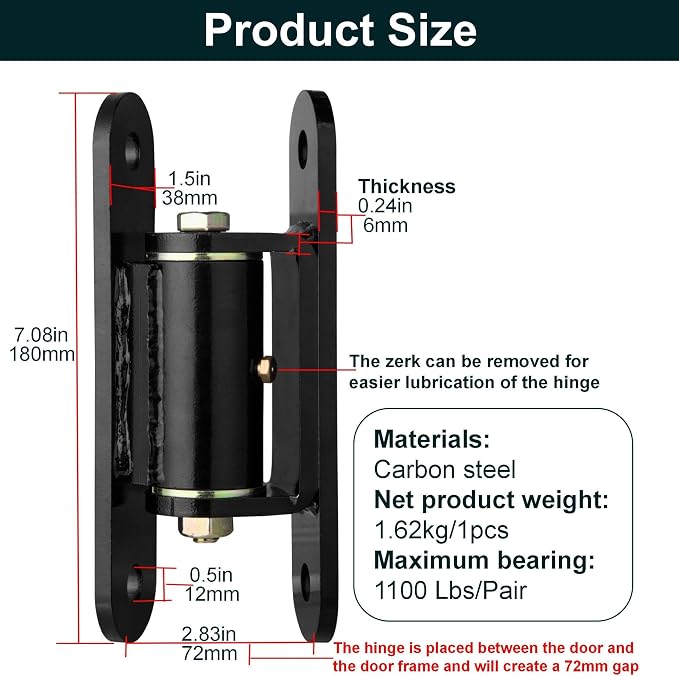7in Heavy Duty Gate Hinges, 1100 lbs Max Load, 90° in/Outward Smooth Open | 2Pcs - Image 2