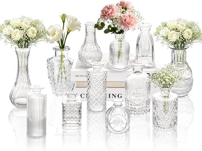 Clear Glass Bud Vase Set of 12 Pcs, Small Bud Vases in Bulk, Glass Crystal by JXINDUJU