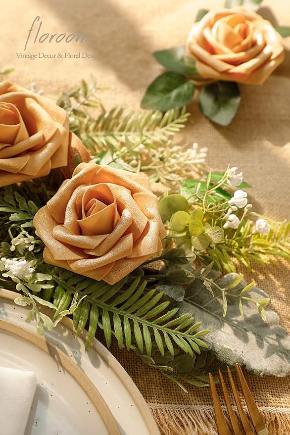 Artificial Flowers 50pcs Real Looking Gold Foam Fake Roses - Image 3