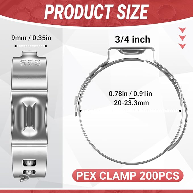 200 Pcs 3/4 Inch PEX Cinch Clamps, 304 Stainless Steel Crimp Rings Single Ear - Image 2