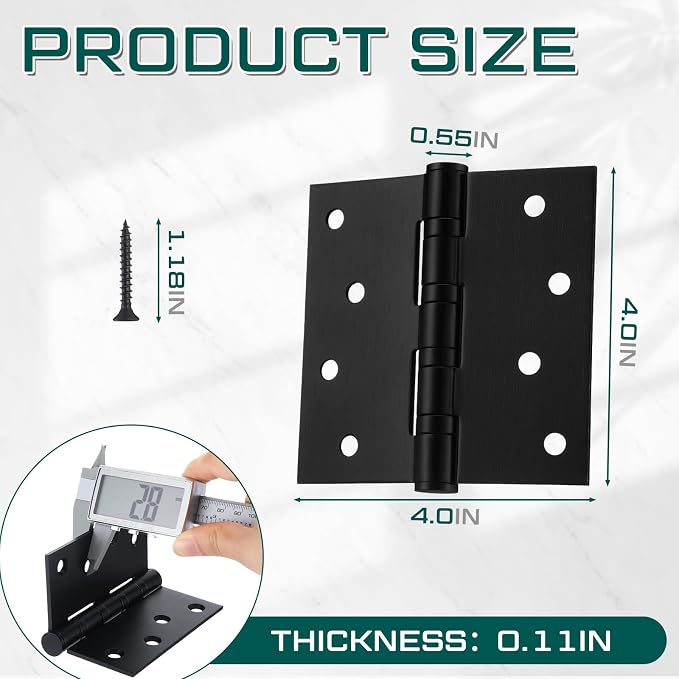 6 Pcs Black 4'' Ball Bearing Door Hinges, Square Corner | Stainless Steel - Image 3