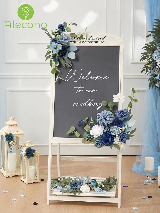 Alecono Dusty Blue Artificial Flowers, Silk Fake Roses Floral Set | - Image 5