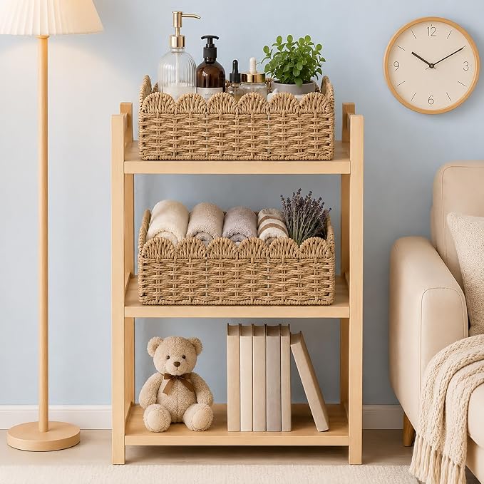 2 Pack Foldable Scalloped Basket, Handwoven Wicker Storage Baskets - Image 8