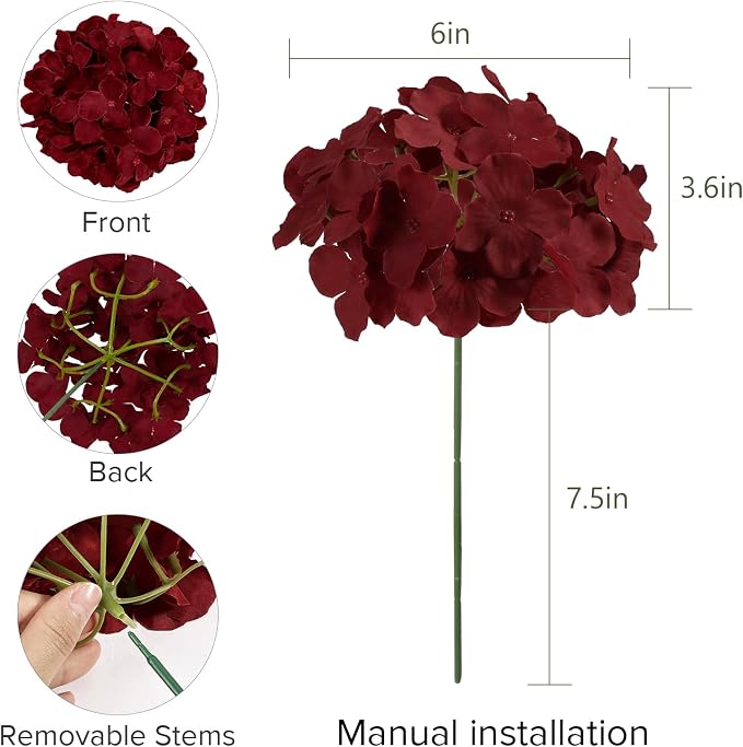 Auihiay 204Pcs Burgundy Hydrangea Artificial Flowers Bulk, Silk Hydrangeas | - Image 4