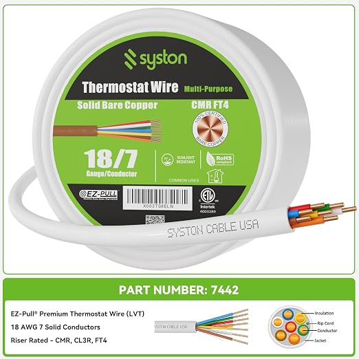 Syston 18/7 Thermostat HVAC Cable Wire, 100% Solid Copper, Riser/CL3R/CMR | 18 - Image 3