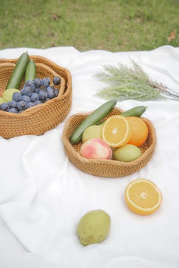 HITOMEN Handmade Rattan Bread Baskets Round Wicker Fruit Serving Storage Bowls - Image 2