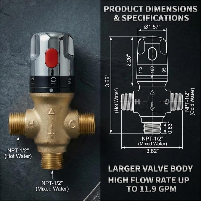 Danbark Thermostatic Mixing Valve 1/2 NPT Male, Solid Brass Shower Mixing Valve - Image 4