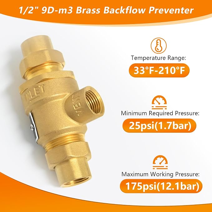 1/2" 9D-M3 Dual Check Valve Backflow Preventer, Brass Backflow Preventer | 1/2" - Image 3