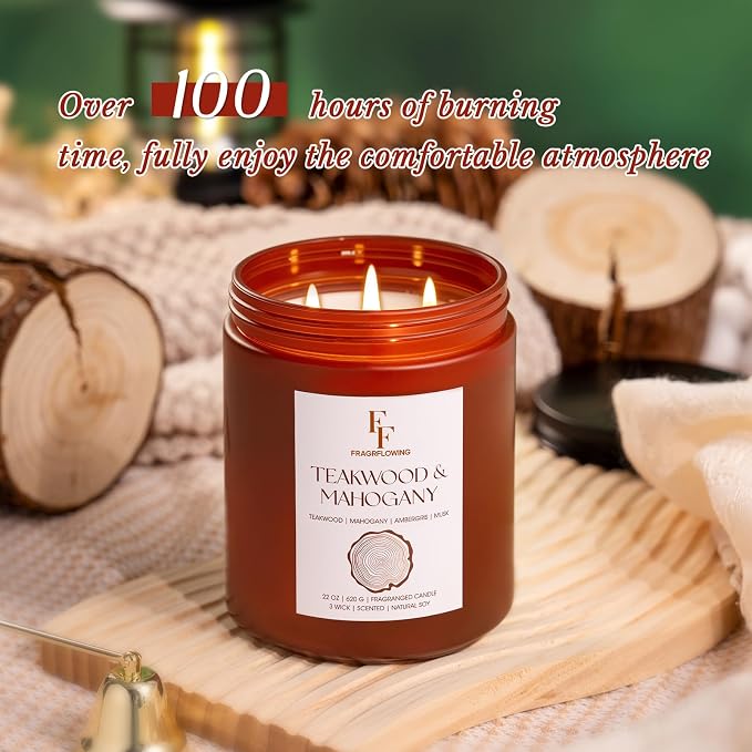Teakwood & Mahogany Large Christmas Scented Candle, 3-Wick 22oz Long Lasting - Image 6