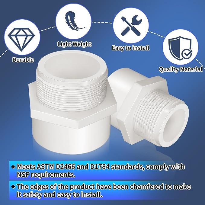 2Pcs White PVC Pipe Fittings, 3inch NPT Male Thread Pipe Fitting Adapter - Image 5