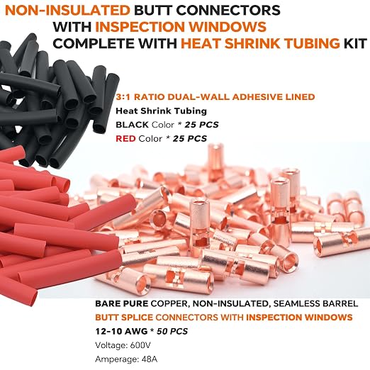 12-10 AWG Wire Splice Kit – 50 PCS 12-10 Gauge Bare Copper Non-Insulated Butt - Image 2