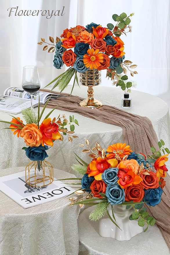 Artificial Flowers Combo Orange Flowers Mix Silk Flowers Fake Roses - Image 4