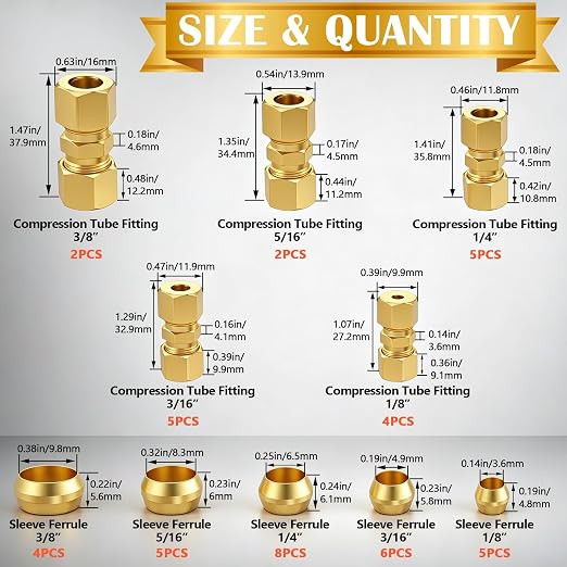 46PCS Brass Compression Tube Fitting Assortment kit- 1/8", 3/8" OD Compression - Image 2